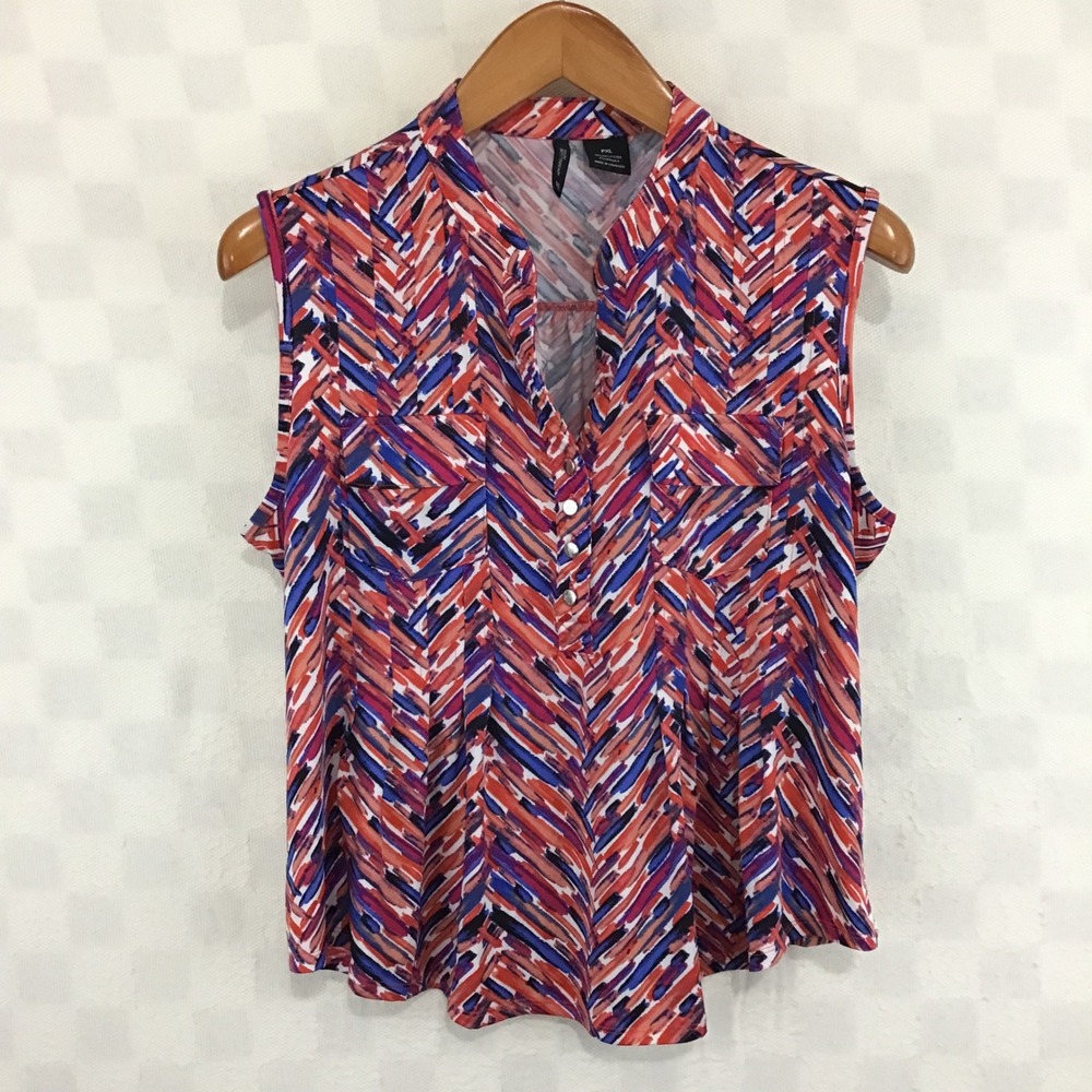 New Directions Petite XL Sleeveless Blouse Abstract Chevron Print Coral Blue PXL